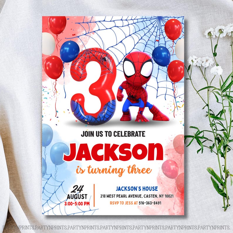 May include: A birthday party invitation featuring a red and blue Spider-Man theme. The invitation includes a large number 3, balloons, and the text "Join us to celebrate Jackson is turning three." The date is August 24th, 3:00-5:00 PM.
