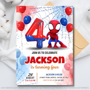 Edytowalne zaproszenie na 4. urodziny Spidermana, zaproszenie na urodziny Spidermana dla dzieci, przyjęcie urodzinowe Amazing Friends na 4. urodziny, szablon zaproszenia na urodziny Spidermana zdjęcie 6