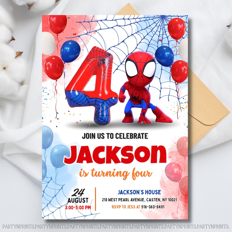 Edytowalne zaproszenie na 4. urodziny Spidermana, zaproszenie na urodziny Spidermana dla dzieci, przyjęcie urodzinowe Amazing Friends na 4. urodziny, szablon zaproszenia na urodziny Spidermana zdjęcie 6