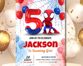 Editable 5th Spidey Birthday Invitation, Spidey Kids Birthday Invitation, Amazing Friends 5th Birthday Party, Superhero Bday Invite Template