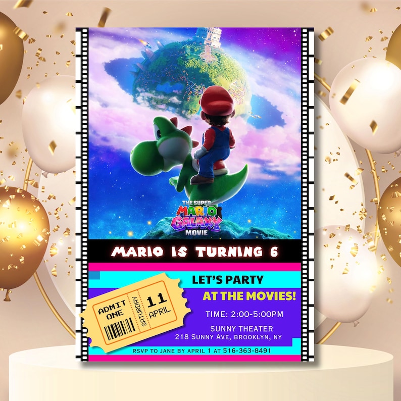 Puede incluir: Una invitaci&oacute;n de cumplea&ntilde;os con una escena de "The Super Mario Bros. Movie". La invitaci&oacute;n incluye el texto "MARIO IS TURNING 6" y detalles de la fiesta. Un gr&aacute;fico en forma de boleto muestra la fecha, 11 de abril, y la palabra "S&Aacute;BADO".