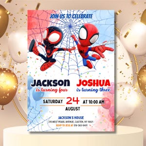 May include: A birthday party invitation featuring two Spider-Man characters against a red and blue background with a spiderweb design. The invitation includes the names "Jackson" and "Joshua", the date, time, and location of the party.
