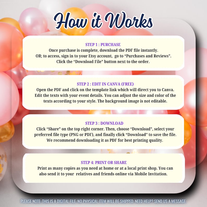 May include: A graphic with the title "How it Works" and four steps for downloading a digital file. The steps include purchasing, editing in Canva, downloading, and printing or sharing. The background features pink and gold balloons.