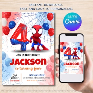 Może przedstawiać: Cyfrowe zaproszenie na czwarte urodziny z motywem Spider-Mana. Projekt zawiera czerwono-niebieski balon z numerem 4, figurkę Spider-Mana, balony i tło pajęczyny. Na zaproszeniu widnieje napis "Dołącz do nas, aby uczcić, że Jackson kończy cztery lata."