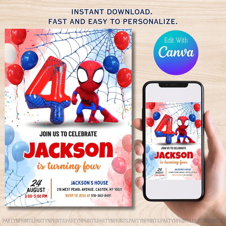 Może przedstawiać: Cyfrowe zaproszenie na czwarte urodziny z motywem Spider-Mana. Projekt zawiera czerwono-niebieski balon z numerem 4, figurkę Spider-Mana, balony i tło pajęczyny. Na zaproszeniu widnieje napis "Dołącz do nas, aby uczcić, że Jackson kończy cztery lata."