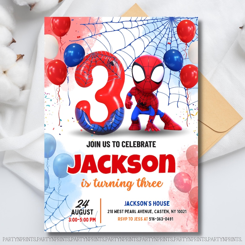May include: A birthday party invitation featuring a Spider-Man theme. The design includes a large number 3, a Spider-Man figure, balloons, and the text "Join us to celebrate JACKSON is turning three". The date and time are also included.