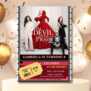Redigerbar inbjudan till födelsedagsfest för filmbiljett till Devil Wears Prada 2, biljettinbjudan till filmen Devil Wears Prada 2 2025, festinbjudan till Prada 2