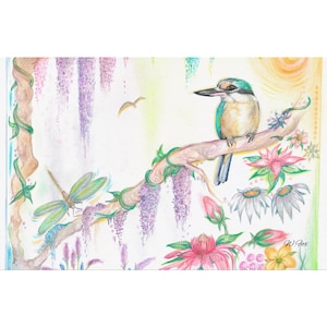 Martin-pêcheur d&#39;Amérique sur un arbre. Affiche imprimée de haute qualité d&#39;oeuvres d&#39;art originales de Wendy, taille affiche. 11 x 17 po. ou 28 cm x 43,18 cm.