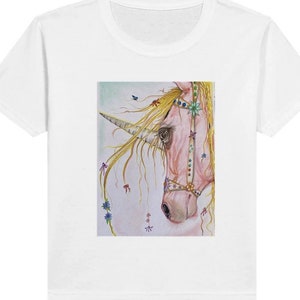 The Magical Unicorn. Classic Kids Crewneck T-shirt with original artwork design by Wendy. Polycotton Kids Crewneck T-shirt