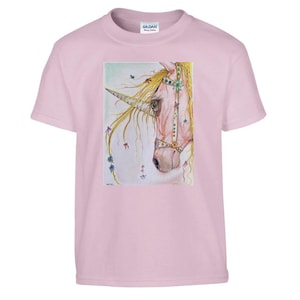 The Magical Unicorn. Classic Kids Crewneck T-shirt. Light Pink. Original pencil artwork design by Wendy.