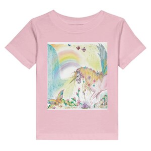Unicorn Magic. Toddler, soft Cotton Jersey T-Shirt. Pale Pink with original pencil artwork design by Wendy. 2T.3T.4T