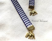 Bookmark, Petit Elephant Bookmark, Antiqued Gold, Vintage style Bookmark, Navy Chevron Ribbon, Planner Accessories, book, India, Ethnic gift