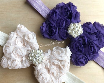 Diadema con lazo de rosa shabby violeta, diadema para bebé, diadema con lazo violeta, perlas, lazo berenjena, diadema violeta, accesorio para el cabello, lazo para el cabello para niños