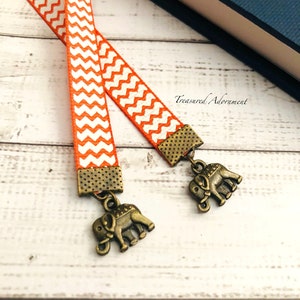 Bookmark, Petit Elephant Bookmark, Vintage style Bookmark, Orange Chevron Ribbon, Gift for Book lover, Bookworm, India, Ethnic bookmark gift