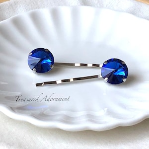 Something Blue, Cobalt Blue Rhinestone Hair pins, 15 mm, Silver, Set of 2, Bridal Bobby pins, Wedding, Bride, Bridesmaids Hair Accessories