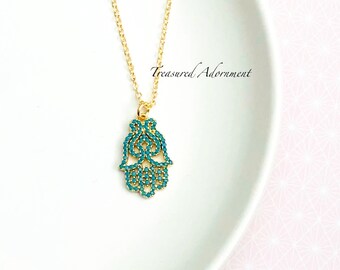 Hamsa Necklace, Turquoise Cubic Zirconia, 18K Gold plated Chain Necklace, Filigree Hamsa, Holiday gift, Turquoise Evil Eye