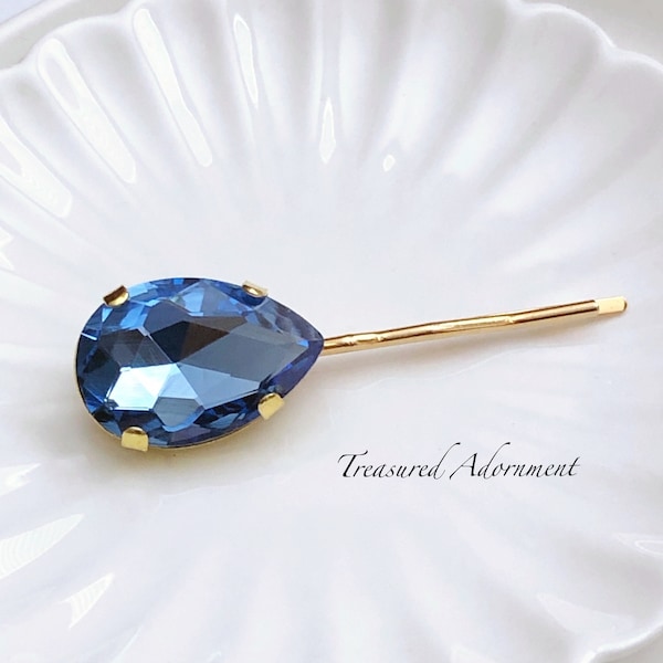 Bridal Hair pin, Sapphire Teardrop Rhinestone Hair Pin in Gold, Something Blue, Wedding, Bridal Hair, Bridal Shower Gift, Holiday gift