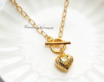 Toggle Necklace, heart necklace, 18K Gold plated Necklace, Textures Heart, Puff Heart, Bridal Jewelry