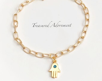 Hamsa Bracelet, Paper Clip Bracelet, 18K Gold plated Bracelet, Hamsa Charm, Turquoise Cubic Zirconia, Gold Jewelry, Ramadan gift, Eid Gift