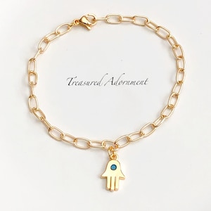 Hamsa Bracelet, Paper Clip Bracelet, 18K Gold plated Bracelet, Hamsa Charm, Turquoise Cubic Zirconia, Gold Jewelry, Ramadan gift, Eid Gift