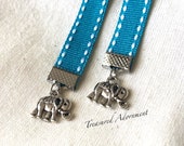 Bookmark, Petit Elephant Bookmark, Antiqued Silver, Vintage style Bookmark, Blue stitch Ribbon, Gift for Book lover, India, Ethnic gift
