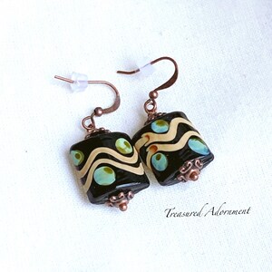 Vintage Style Earrings, Lampwork Glass Beads Earrings, Copper, Square, Black earrings, Mint, zigzag, Christmas, Holiday gift, Autumn Jewelry
