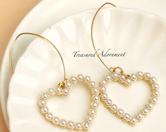 Long Earrings, Pearl Open Heart Earrings, Long Earrings, GOLD, Spring Earrings, Eid gift, Birthday gift, Valentine's Day gift, Pearl Heart