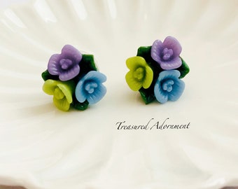 Bouquet Earrings, Stud Flower Earrings, Flower Earrings, Blue, Lavender, Green Flowers, Thank you gift, Holiday gift, Stocking Stuffer