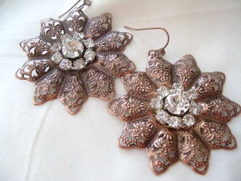 Antiqued Copper Filigree Flower Earrings with Rhinestones, Rustic Vintage style Wedding, Bridal earrings, Bridesmaid earrings holiday gift image 3