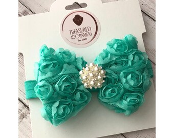 Aqua Shabby Rose Bow Headband, Aqua Bow Baby Headband, Aqua green, Pearl Bow Headband, St Patrick's day Headband, Children Hairbow