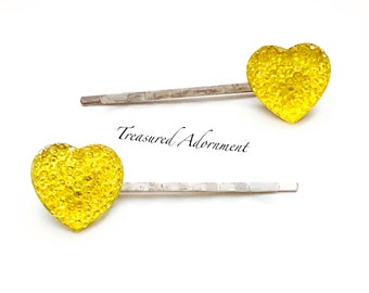 Yellow Heart Bobby pins, Valentine's day Hair pins, Pave Style Rhinestone Heart, Heart Hair clips, Children's Hair Accessory, Valentine