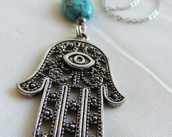 Evil Eye Hamsa and Turquoise Long Necklace, Antiqued Silver, Vintage style, Birthday gift, Hand necklace, Holiday gift, Best seller