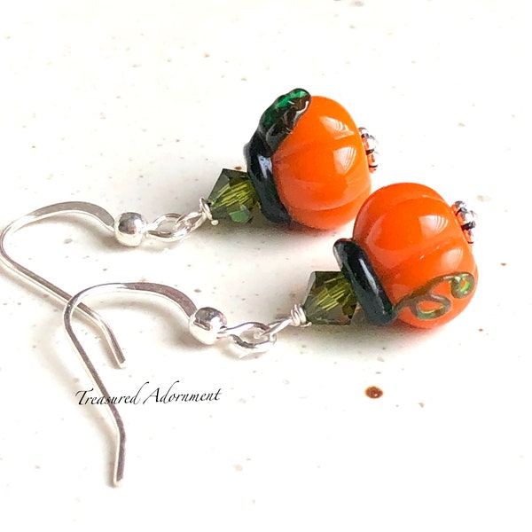 Pumpkin Earrings, Sterling Silver Earrings, Lampwork glass bead pumpkin, Swarovski crystals, Fall earrings, Halloween Earrings, Thanksgiving