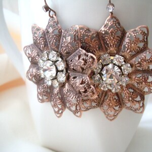 Antiqued Copper Filigree Flower Earrings with Rhinestones, Rustic Vintage style Wedding, Bridal earrings, Bridesmaid earrings holiday gift image 1