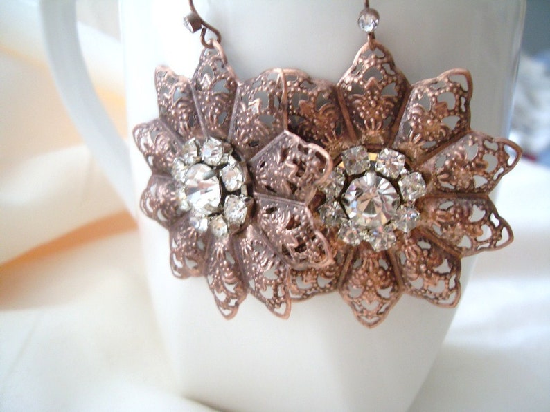 Antiqued Copper Filigree Flower Earrings with Rhinestones, Rustic Vintage style Wedding, Bridal earrings, Bridesmaid earrings holiday gift image 1