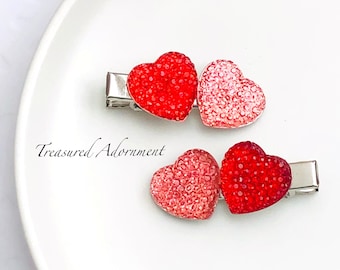 Valentine's day Hair clip, Red and Pink Heart, Pave Style Rhinestone Heart, Heart Hair clips, Alligator Clips, Valentine Outfit