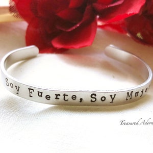 Soy Fuerte Soy Mujer, Hand Stamped Cuff Bracelet, Me too, Latina, Boss Woman, Human Rights, Nasty Woman, Espanol, activist, holiday gift