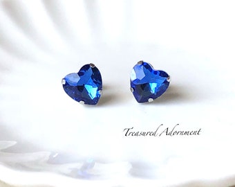 Heart earrings, Rhinestone Stud Earrings, Cobalt Blue Heart Rhinestone earrings, Valentine's day Gift, Something Blue, Bridesmaids earrings