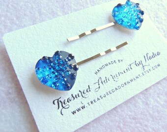 Blue Heart Bobby pins, Valentine's day Hair pins, Rhinestone Heart, Heart Hair clips, Children's Hair Accessory, Gift for her, Party Favors