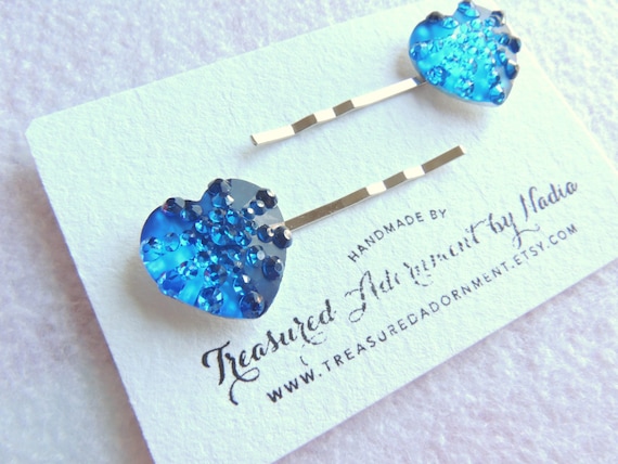 Blue Rhinestone Heart Hair Accessory Chiffon Bow Hair Clip with Rhinestone Heart Charm Stylish  main image 4