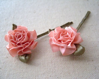 coral Pink Flower Hair Pin, Pink Ribbon Bobby Pins - a pair, Wedding, Vintage style, Breast Cancer Awareness,, Photography Prop, Easter