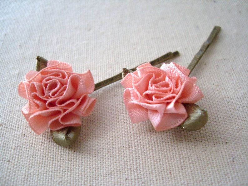 coral Pink Flower Hair Pin, Pink Ribbon Bobby Pins a pair, Wedding, Vintage style, Breast Cancer Awareness,, Photography Prop, Easter image 1