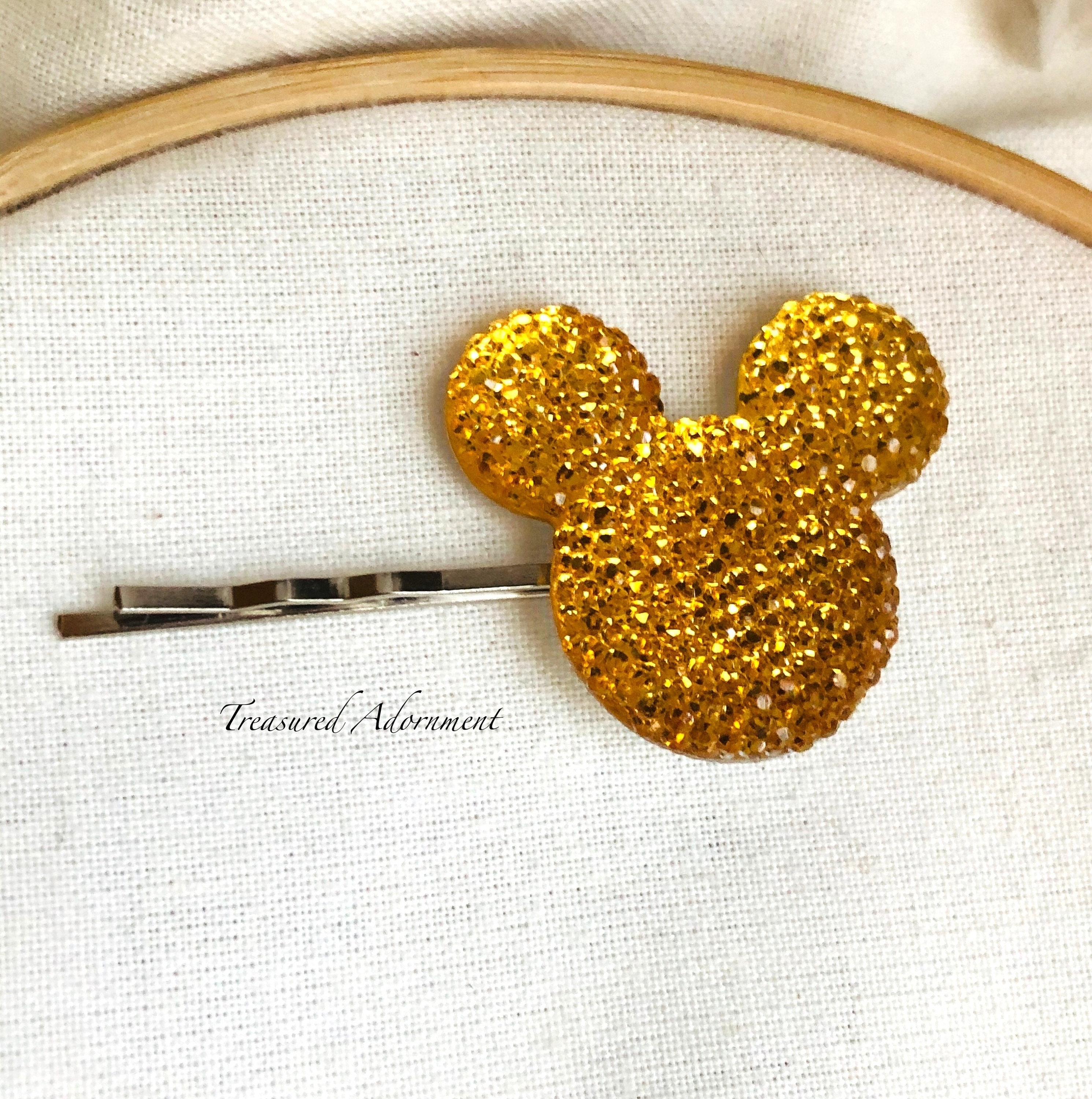 Mickey Mouse Inspired Hair Pin, Gold Pave Style Resin 