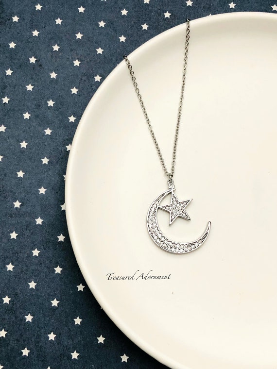 Crescent Moon and Star Necklace, Cubic Zirconia Pendant, Rhodium
