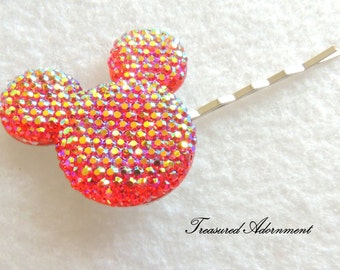 Mickey Mouse Inspired Hair pin, Red AB Pave style Resin Rhinestone,  Holiday gift present, Gift Under 5,  Bobby pin, Hair clip