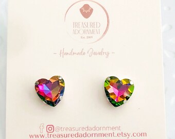 Heart earrings, Rhinestone Stud Earrings, Vitrail Peacock Heart Rhinestone earrings, Valentines day Gift,  Vitrail Rhinestone, Fall Earrings