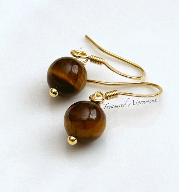 18K Gold Plated Tiger Eye Drop Earrings: Gemstone Jewelry