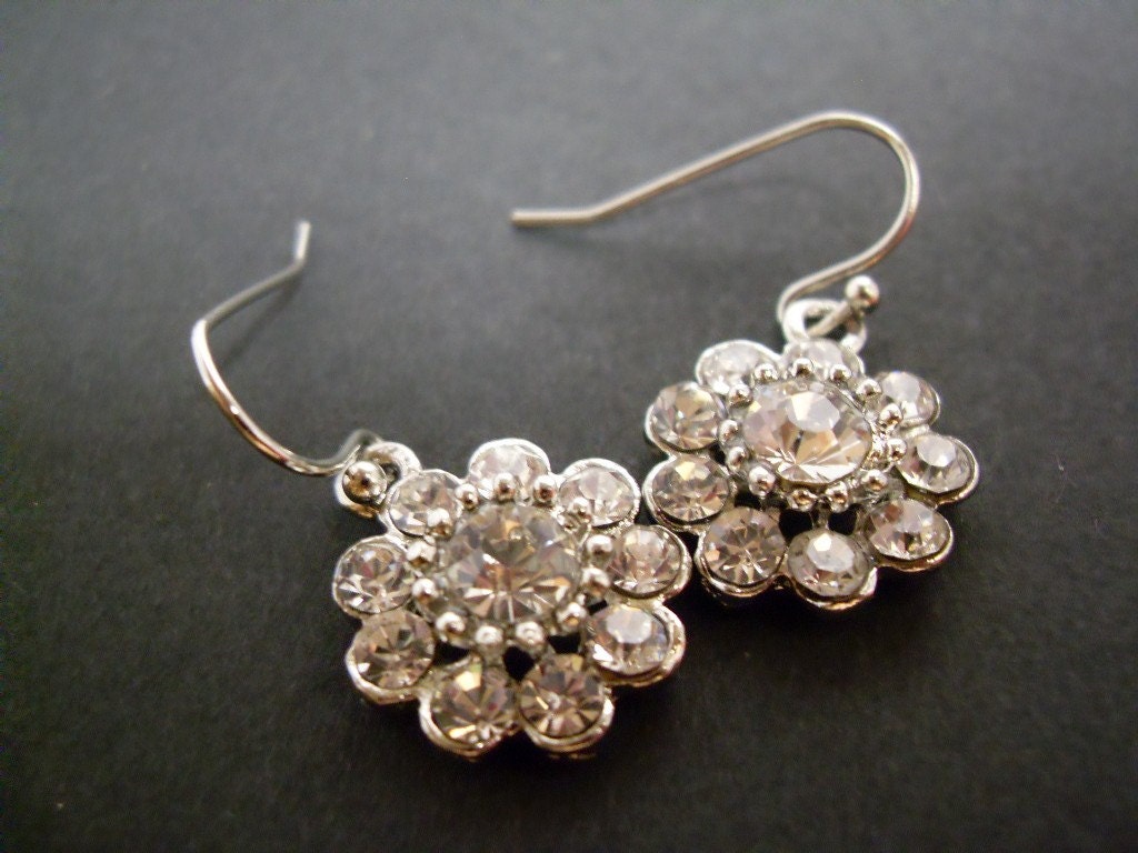 Bridal Earrings, Vintage Style Rhinestone Flower Dangle