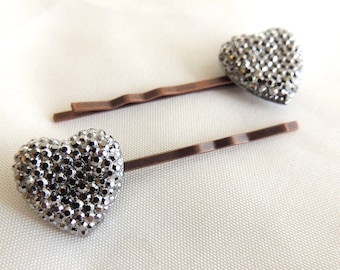 Vintage Style Antiqued Silver Rhinestone Heart Bobby pins a pair, Pave, Copper tone, Bridesmaids Hair Accessories, Valentine's Day Hair pin