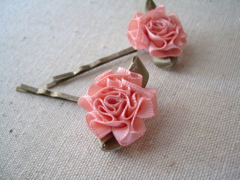 coral Pink Flower Hair Pin, Pink Ribbon Bobby Pins a pair, Wedding, Vintage style, Breast Cancer Awareness,, Photography Prop, Easter image 2